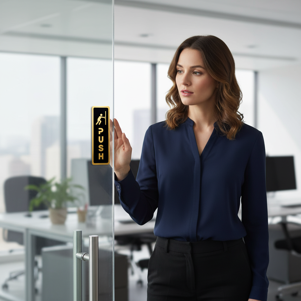 Acrylic Push & Pull Sign Board – Black & Gold Finish (Self-Adhesive)